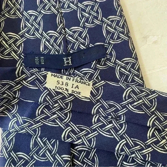 Hermes Necktie Men's 100% Silk Luxury Geometric Chain Logo Blu Made in France - Picture 4 of 11